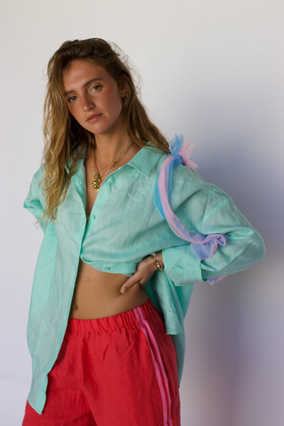 100% Linen Oversized Shirt - Turquoise