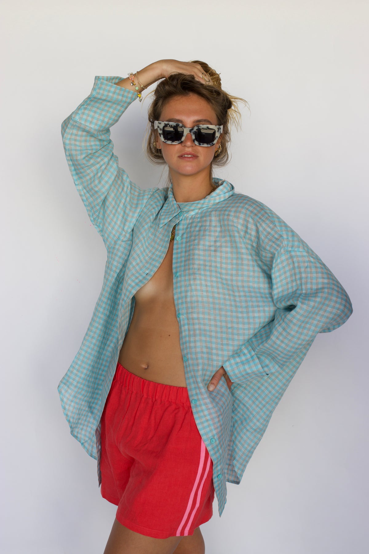100% Linen Oversized Shirt - Light Blue Check