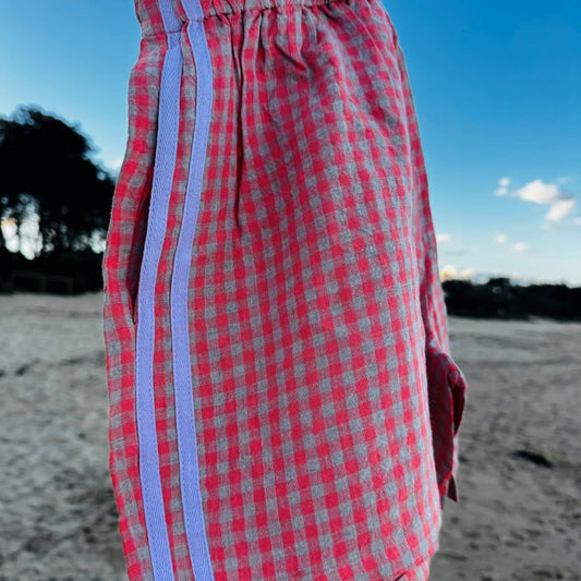 Linen Short - Peach Check (Lilac Stripe)