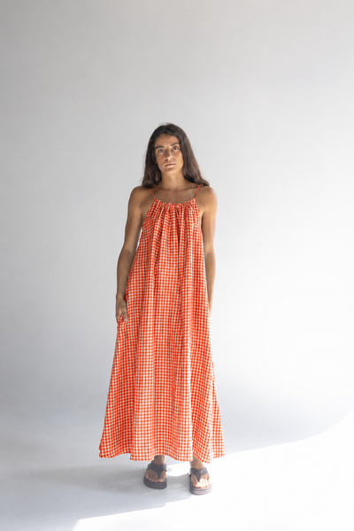 Peach Check linen maxi dress — full-length front view, digitally created product preview