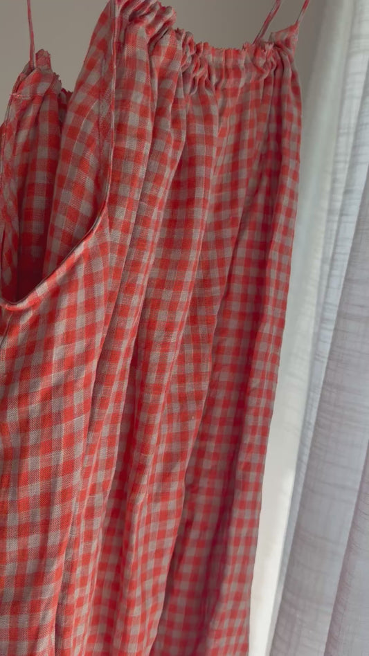 Linen Mini Dress - Peach Check